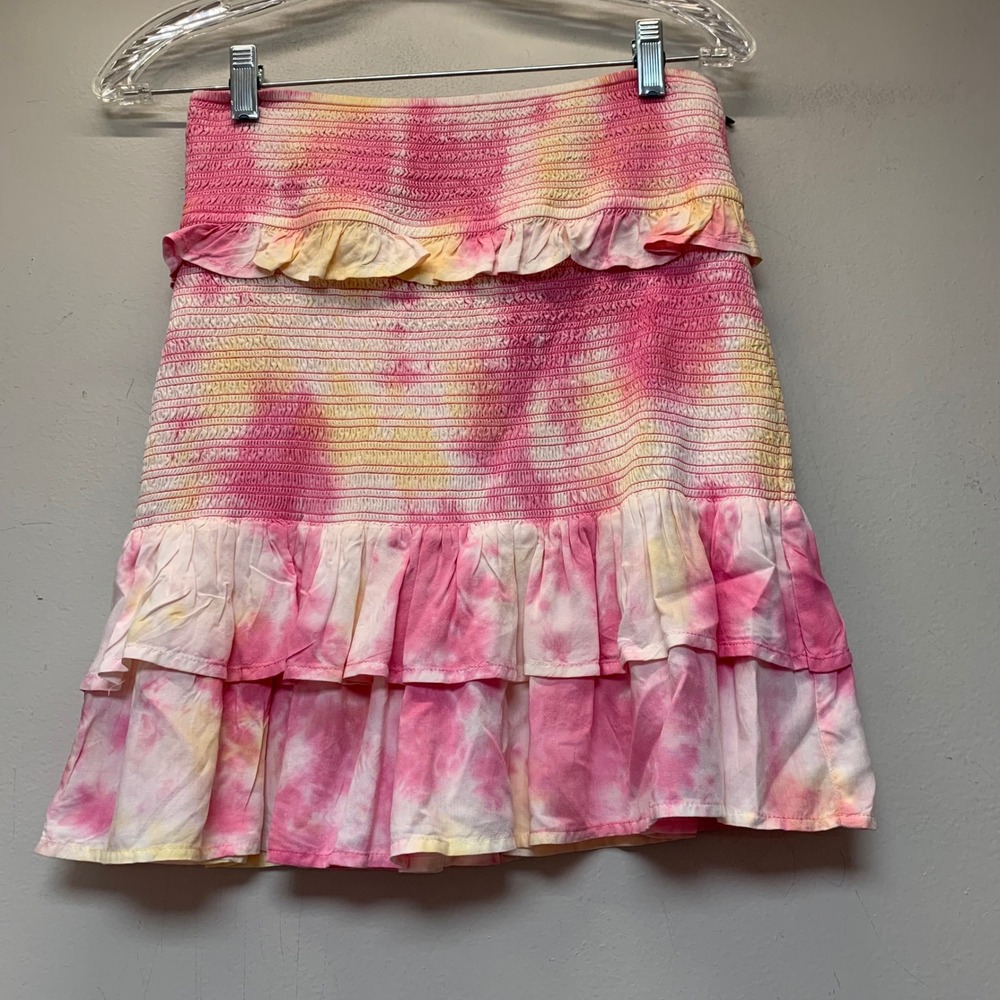 Cabana by Crown & Ivy Skirt Womens Medium Pink Yellow Excellent Tie Dye Ruffle